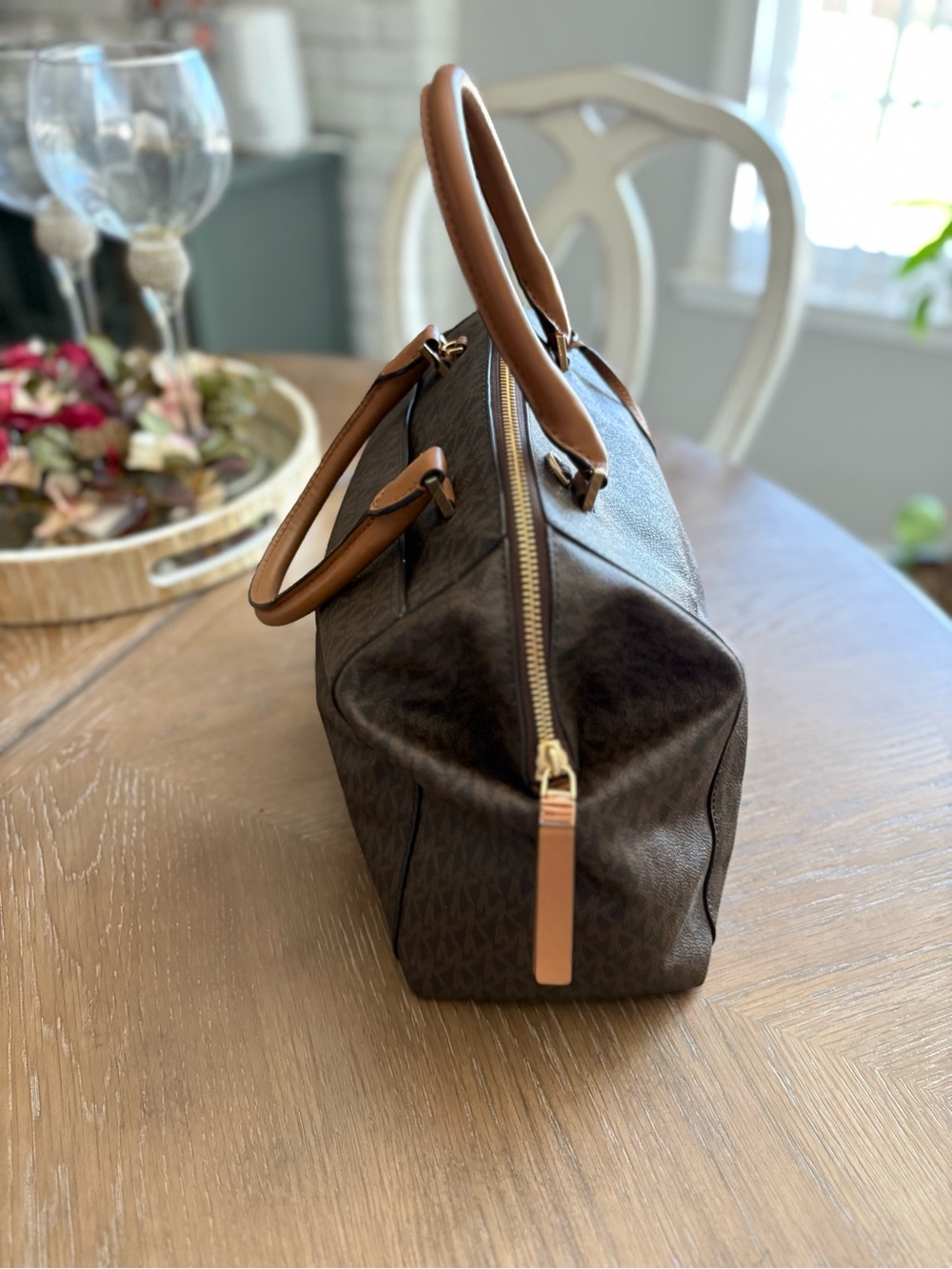 Michael Kors Brown MK Signature Satchel with Tan Handles - Picture 2 of 10